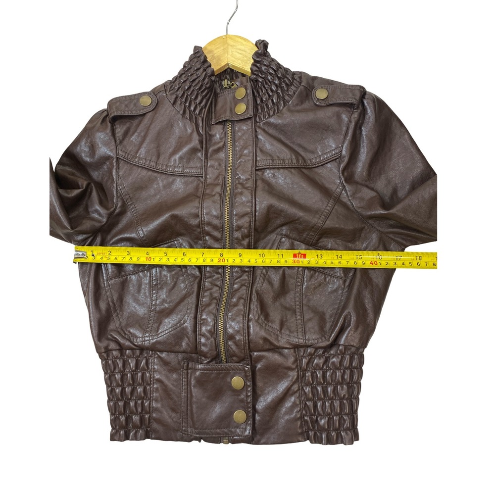 Therapy Brown Vegan Leather Smocked Bomber Jacket Womens Small Edgy Street  Moto - Picture 7 of 10